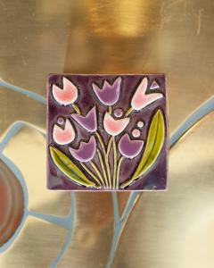 Mithe Espelt Mid Century Pink and Purple Ceramic Box with Flowers by Mith Espelt - 3883244