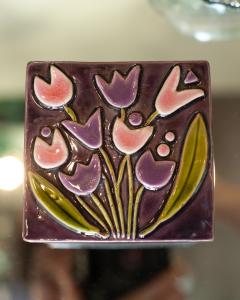 Mithe Espelt Mid Century Pink and Purple Ceramic Box with Flowers by Mith Espelt - 3883246