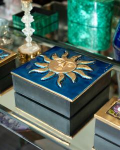 Mithe Espelt Mid Century Vivid Blue Ceramic Box with Golden Sun by Mith Espelt - 3883290