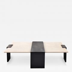 Modern Black Steel and Limestone Offset Cocktail Table - 4716205
