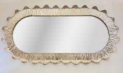 Modern Italian Art Deco Style Curved Ivory Cream Murano Glass Brass Oval Mirror - 4029586