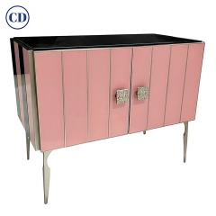 Modern Italian Custom Art Deco Style Pink Black Stripe Glass Brass Cabinet Bar - 3475811