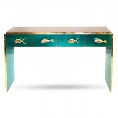 Modern Italian Custom Brass Edged Fish Marine Teal Blue Cabinet - 2110788