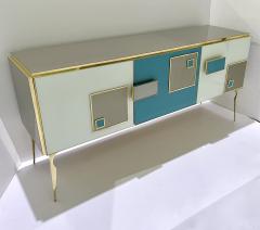 Modern Italian Ivory Gray Teal Blue Geometric Postmodern Brass Cabinet Sideboard - 3428910