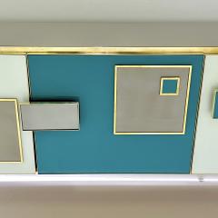 Modern Italian Ivory Gray Teal Blue Geometric Postmodern Brass Cabinet Sideboard - 3428912