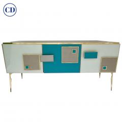 Modern Italian Ivory Gray Teal Blue Geometric Postmodern Brass Cabinet Sideboard - 3428914