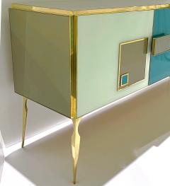 Modern Italian Ivory Gray Teal Blue Geometric Postmodern Brass Cabinet Sideboard - 3428915