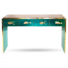 Modern Italian Ivory Gray Teal Blue Geometric Postmodern Brass Cabinet Sideboard - 3428918