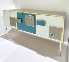 Modern Italian Ivory Gray Teal Blue Geometric Postmodern Brass Cabinet Sideboard - 3428919