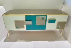 Modern Italian Ivory Gray Teal Blue Geometric Postmodern Brass Cabinet Sideboard - 3428921