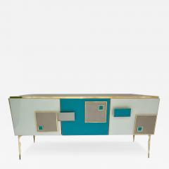 Modern Italian Ivory Gray Teal Blue Geometric Postmodern Brass Cabinet Sideboard - 3430358