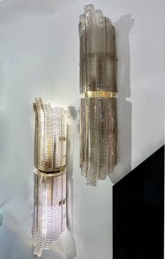 Modern Italian Pair of Smoked Texture Murano Glass Brass Wall Ceiling Lights - 3725854