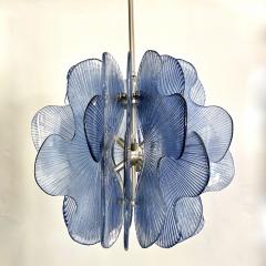 Modern Italian Wavy Blue Textured Murano Glass Satin Nickel Pendant Chandelier - 3616088