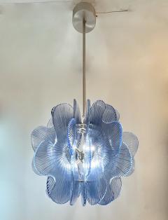 Modern Italian Wavy Blue Textured Murano Glass Satin Nickel Pendant Chandelier - 3616092