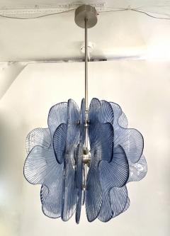 Modern Italian Wavy Blue Textured Murano Glass Satin Nickel Pendant Chandelier - 3616093