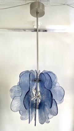 Modern Italian Wavy Blue Textured Murano Glass Satin Nickel Pendant Chandelier - 3616094