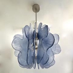 Modern Italian Wavy Blue Textured Murano Glass Satin Nickel Pendant Chandelier - 3616095
