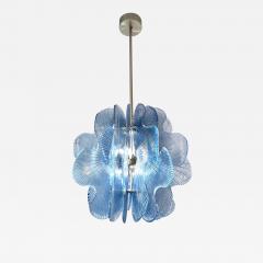 Modern Italian Wavy Blue Textured Murano Glass Satin Nickel Pendant Chandelier - 3616296