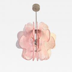 Modern Italian Wavy Pink Textured Murano Glass Satin Nickel Pendant Chandelier - 3925443