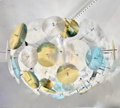 Modern Italian White Aqua Blue Yellow Murano Glass Nickel Sputnik Flushmount - 3076683
