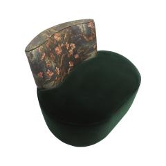 Modern Mid Century Style Green and Forest Motif Linen and Velvet Armchair France - 4429894