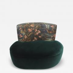 Modern Mid Century Style Green and Forest Motif Linen and Velvet Armchair France - 4435028