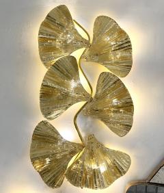 Modern Pair of Italian Gold Leaf Crystal Murano Glass 6 Leaf Branch Sconces - 3426445