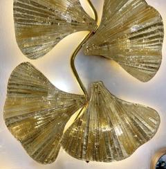 Modern Pair of Italian Gold Leaf Crystal Murano Glass 6 Leaf Branch Sconces - 3426449