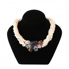 Modernist 14k Gold Cultured Pearl Necklace w Cabochon Gems signed Willis - 4792552
