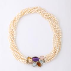 Modernist 14k Gold Cultured Pearl Necklace w Cabochon Gems signed Willis - 4792620