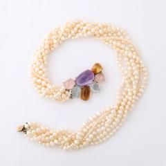 Modernist 14k Gold Cultured Pearl Necklace w Cabochon Gems signed Willis - 4792621