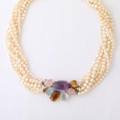 Modernist 14k Gold Cultured Pearl Necklace w Cabochon Gems signed Willis - 4792629