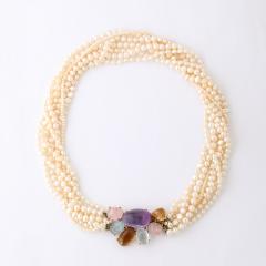 Modernist 14k Gold Cultured Pearl Necklace w Cabochon Gems signed Willis - 4792658