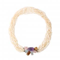 Modernist 14k Gold Cultured Pearl Necklace w Cabochon Gems signed Willis - 4792659