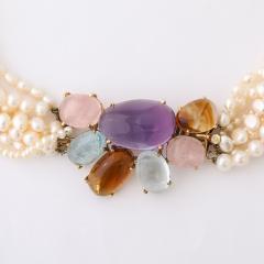 Modernist 14k Gold Cultured Pearl Necklace w Cabochon Gems signed Willis - 4792671