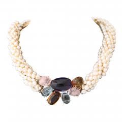 Modernist 14k Gold Cultured Pearl Necklace w Cabochon Gems signed Willis - 4793034