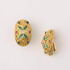 Modernist 18 Karat Gold Earrings W Emeralds Diamonds Rubies Sapphires - 4265638