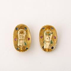 Modernist 18 Karat Gold Earrings W Emeralds Diamonds Rubies Sapphires - 4265639