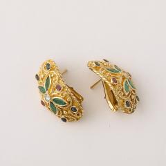 Modernist 18 Karat Gold Earrings W Emeralds Diamonds Rubies Sapphires - 4265640