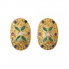 Modernist 18 Karat Gold Earrings W Emeralds Diamonds Rubies Sapphires - 4267159