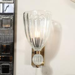 Modernist Antique Brass Handblown Iridescent Murano Glass Orbital Drop Sconces - 3751613