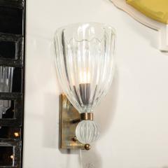Modernist Antique Brass Handblown Iridescent Murano Glass Orbital Drop Sconces - 3751641