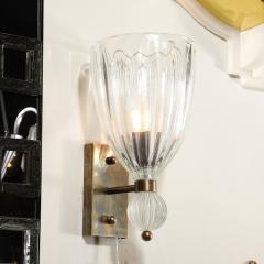 Modernist Antique Brass Handblown Iridescent Murano Glass Orbital Drop Sconces - 3751645