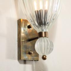 Modernist Antique Brass Handblown Iridescent Murano Glass Orbital Drop Sconces - 3751652