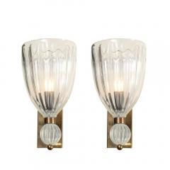 Modernist Antique Brass Handblown Iridescent Murano Glass Orbital Drop Sconces - 3751719