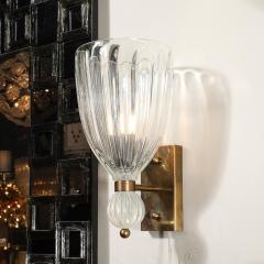 Modernist Antique Brass Handblown Iridescent Murano Glass Orbital Drop Sconces - 3751725