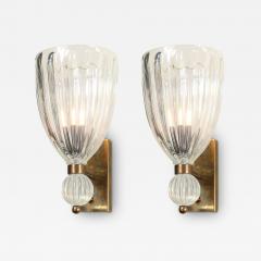 Modernist Antique Brass Handblown Iridescent Murano Glass Orbital Drop Sconces - 3755526