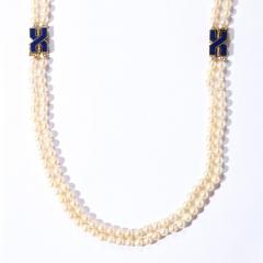 Modernist Bold Double Strand pearl Necklace with Lapis Gold And Diamond Clasps - 2946580