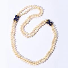 Modernist Bold Double Strand pearl Necklace with Lapis Gold And Diamond Clasps - 2946581