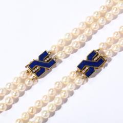 Modernist Bold Double Strand pearl Necklace with Lapis Gold And Diamond Clasps - 2946593